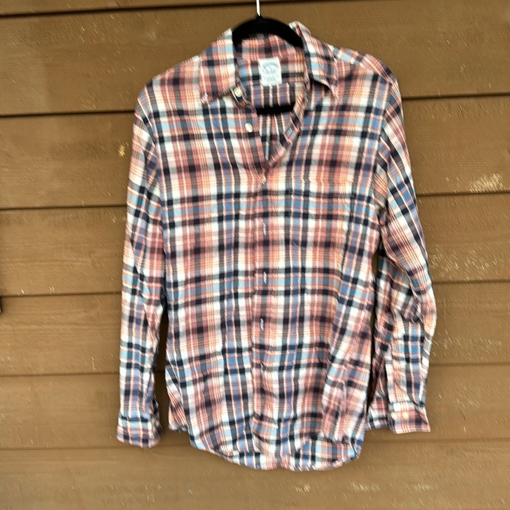 Brooks Brothers orange and blue plaid Original Polo slim shirt size small